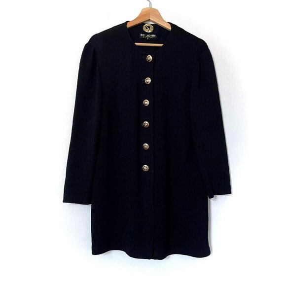 St. John Basics Santana Knit Gold Button Cardigan Jacket Black Size Medium‎ - Picture 1 of 9